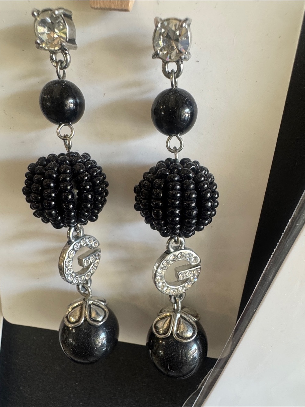 Black Beaded Drop Earrings with Crystal 'G' Accent